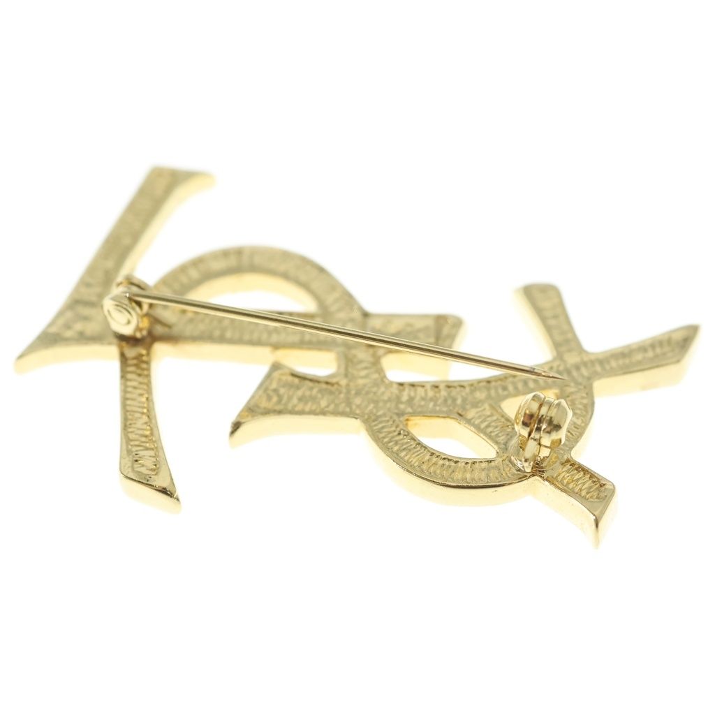 Saint Laurent Paris Rhinestone Logo Brooch Gold — view 6