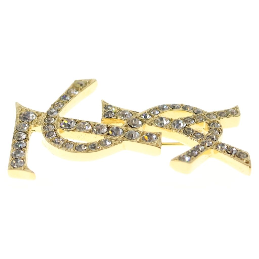 Saint Laurent Paris Rhinestone Logo Brooch Gold — view 3