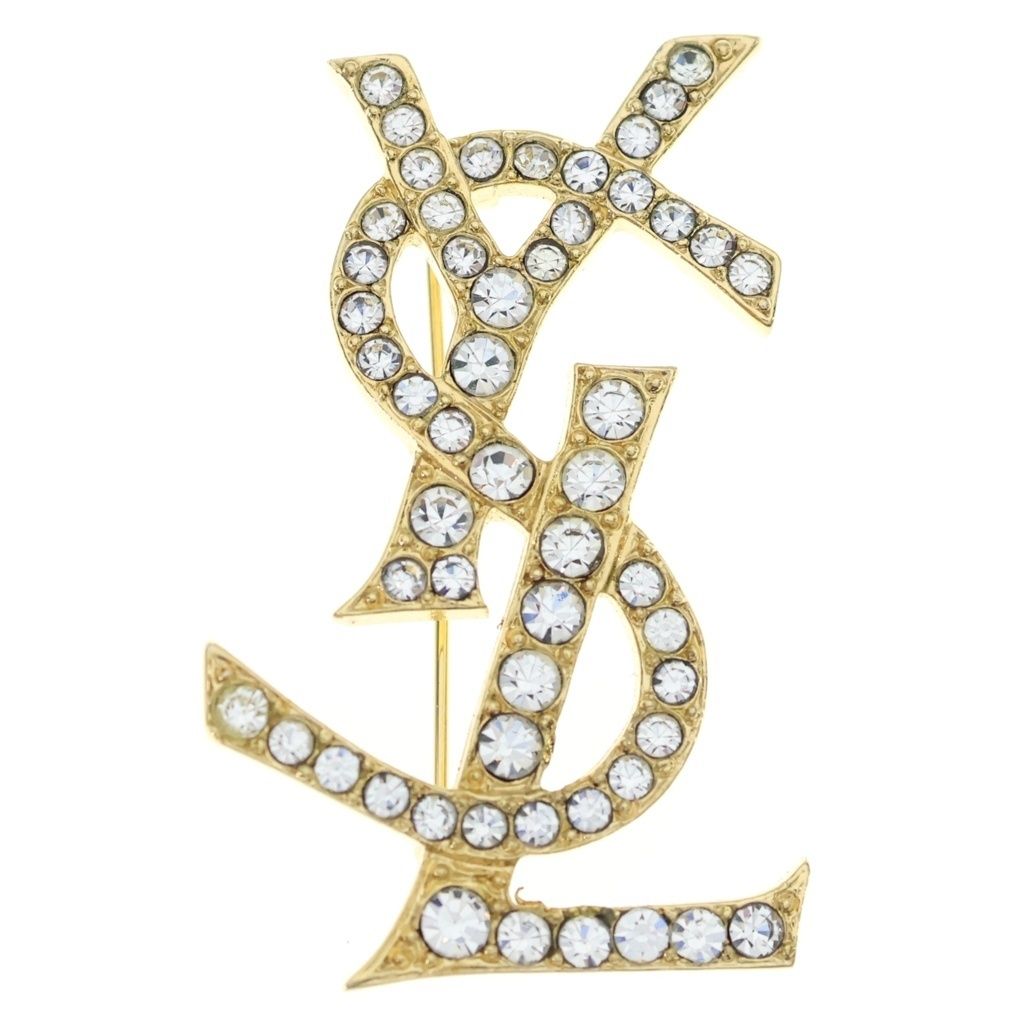 Saint Laurent Paris Rhinestone Logo Brooch Gold