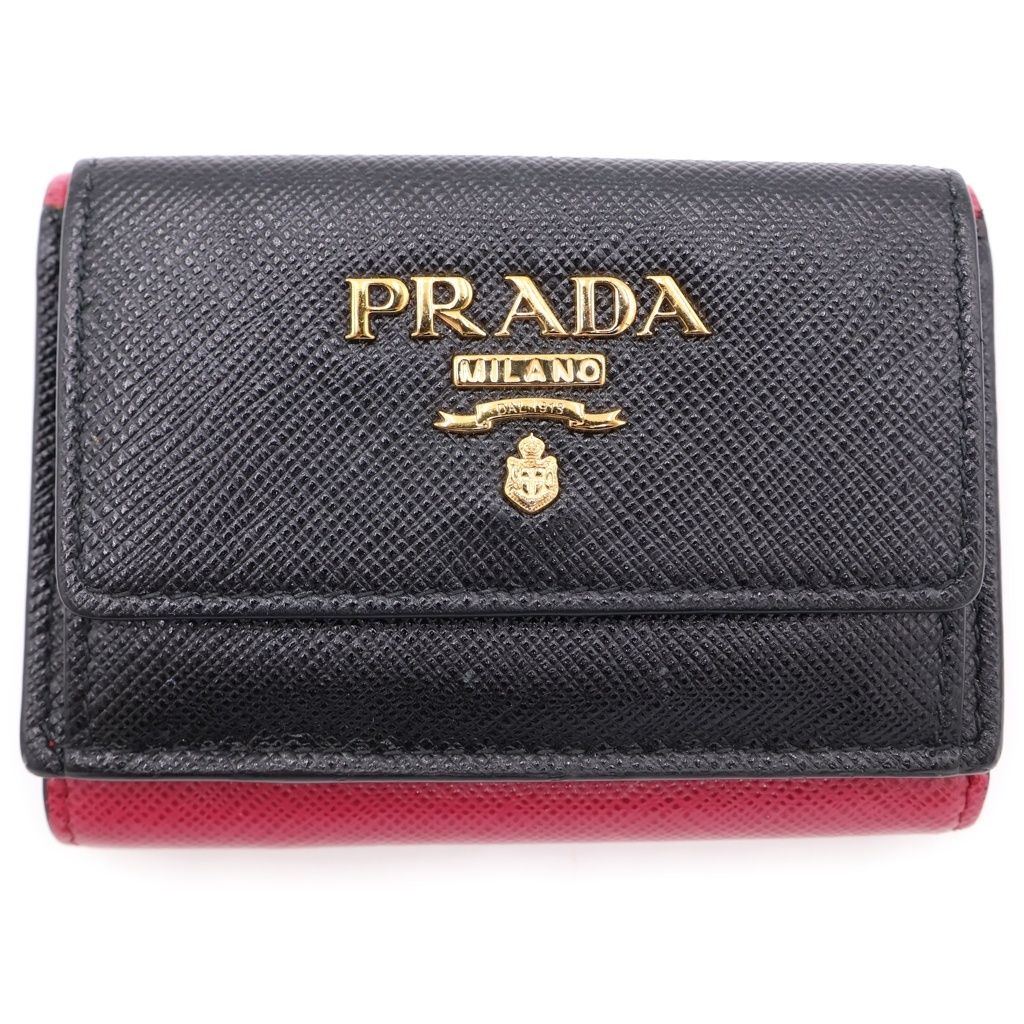 Prada Saffiano Trifold Wallet Compact Coin Case Black Pink Leather Gold