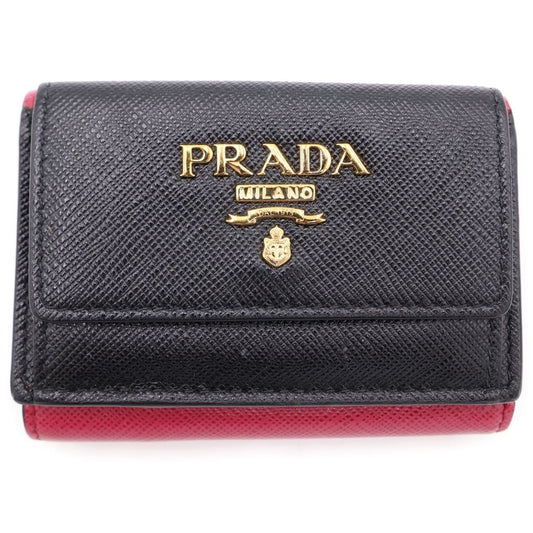 Prada Saffiano Trifold Wallet Compact Coin Case Black Pink Leather Gold