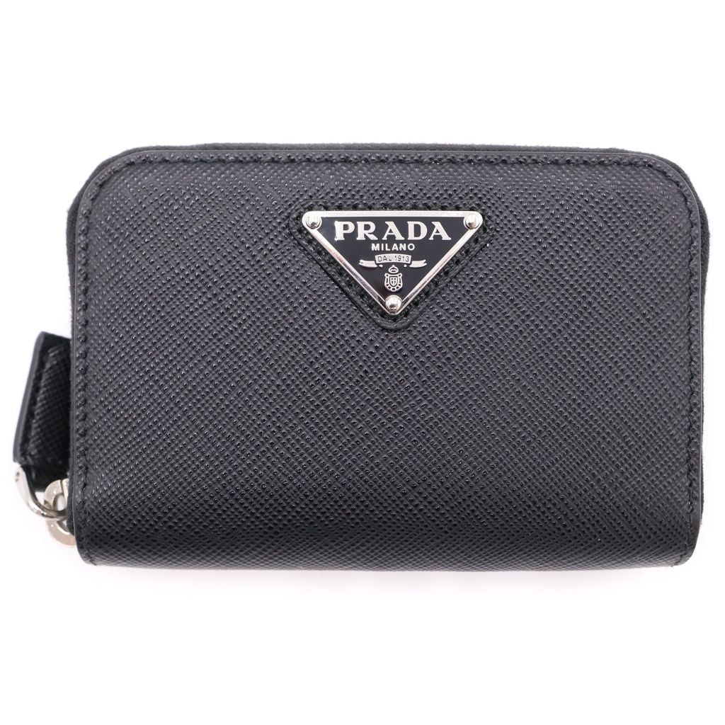 Prada Saffiano Coin Case Mini Wallet Black Leather 2 003 Silver