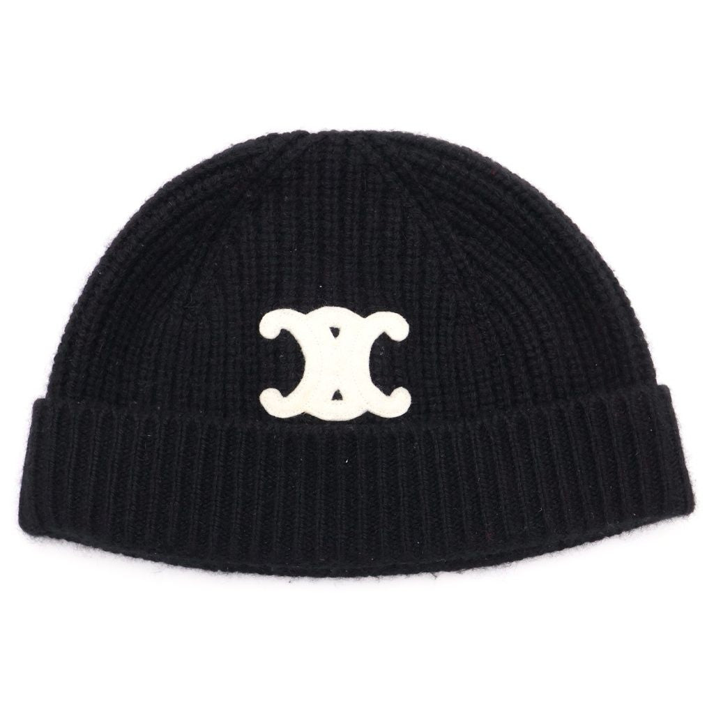 Celine Triomphe Logo Cashmere Knit Cap Hat Black