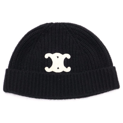 Celine Triomphe Logo Cashmere Knit Cap Hat Black