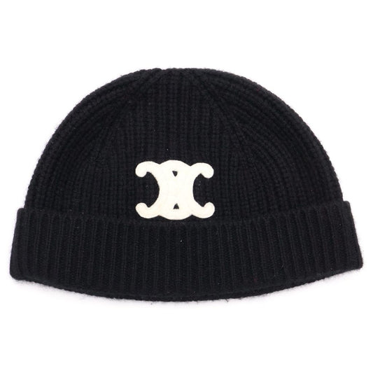 Celine Triomphe Logo Cashmere Knit Cap Hat Black