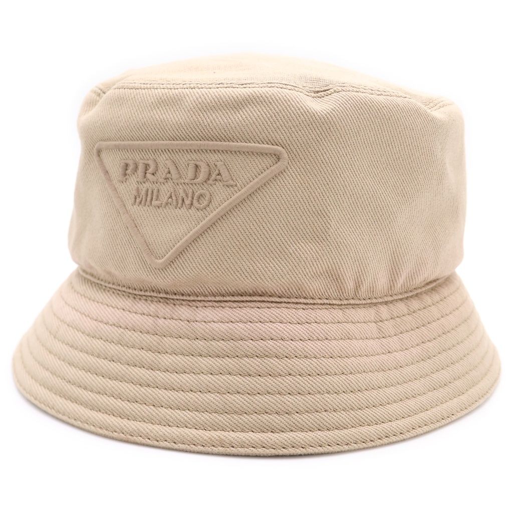 Prada Triangle Logo Drill Bucket Hat Beige