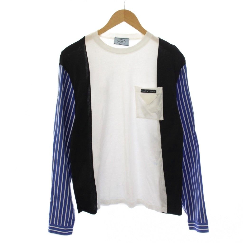 Prada T-Shirt Long Sleeve Crew Neck Striped Pattern XS Blue White Black