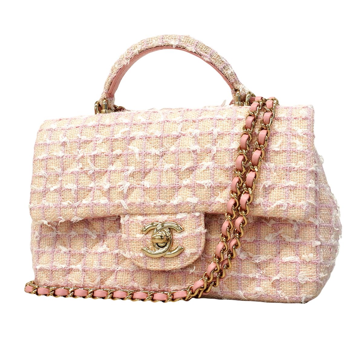 Chanel Handbag Quilted Top Handle Tweed Pink Champagne Gold 2-Way