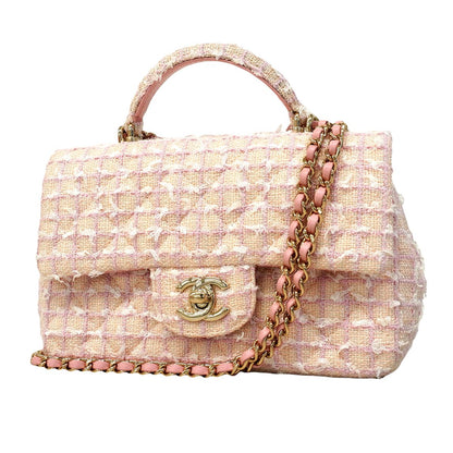 Chanel Handbag Quilted Top Handle Tweed Pink Champagne Gold 2-Way