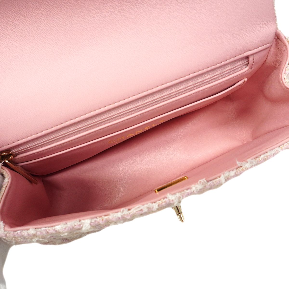 Chanel Handbag Quilted Top Handle Tweed Pink Champagne Gold 2-Way — view 4
