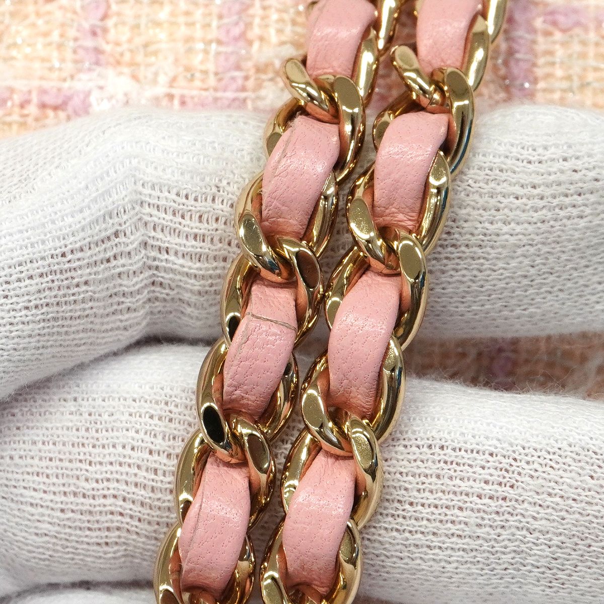 Chanel Handbag Quilted Top Handle Tweed Pink Champagne Gold 2-Way — view 6