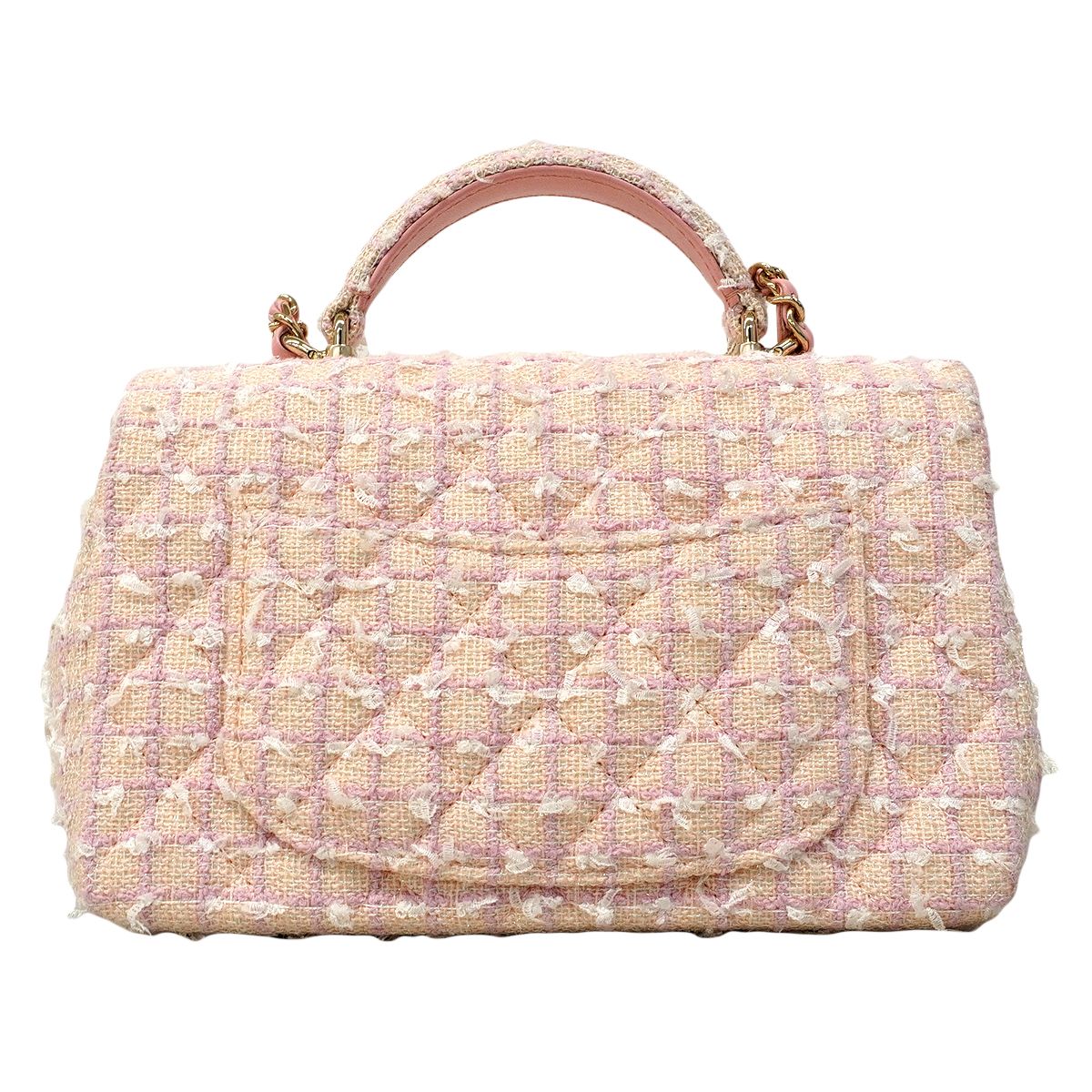 Chanel Handbag Quilted Top Handle Tweed Pink Champagne Gold 2-Way — view 7