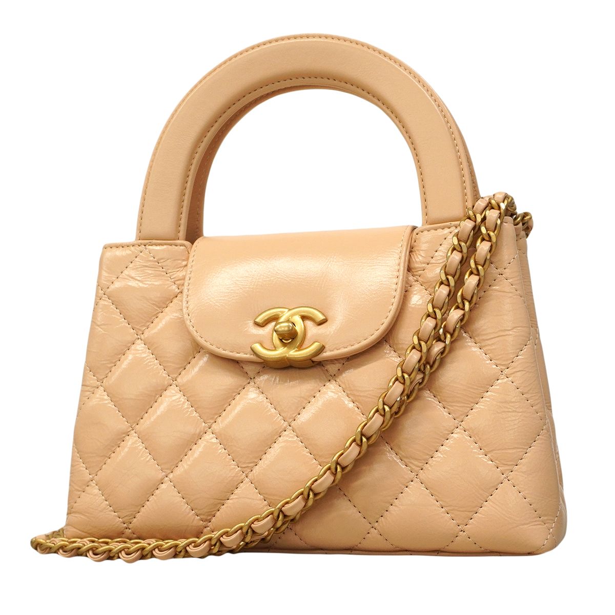 Chanel Handbag Quilted Calfskin Beige Gold 2-Way