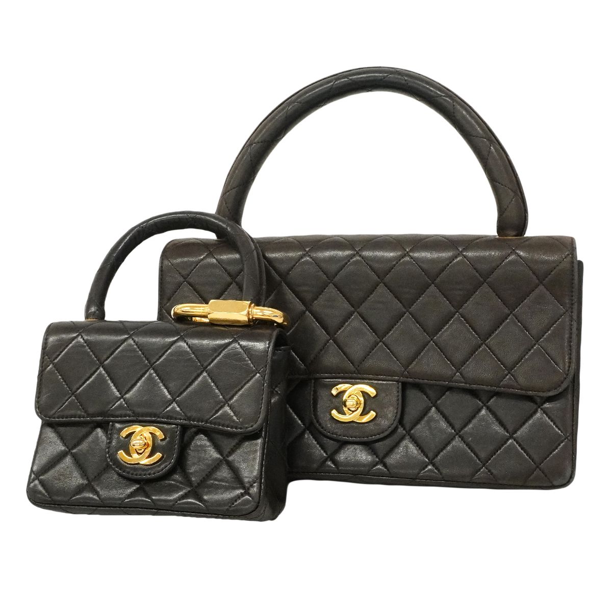 Chanel Handbag Quilted Parent Child Bag Lambskin Black Gold