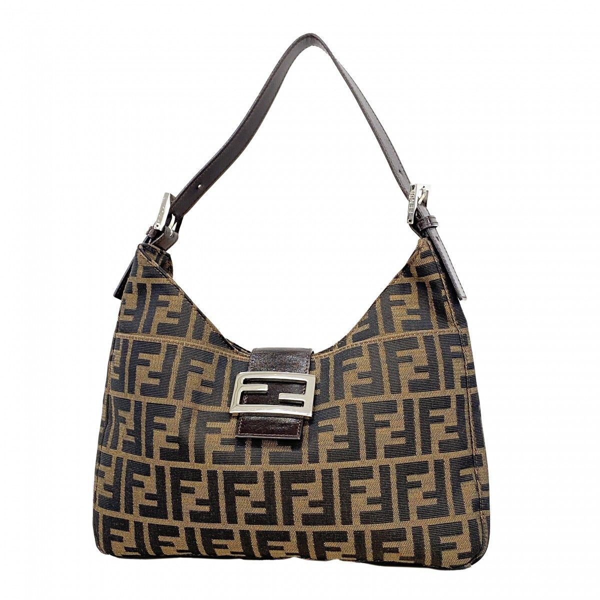 Fendi Handbag Zucca Nylon Canvas Brown Silver