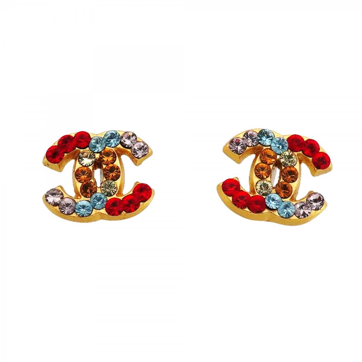 Chanel Earrings CC Logo Gold Plated Color Stone Multicolor