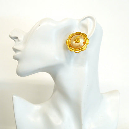 Chanel Earrings Vintage CC Logo Flower Motif Gold Plated Faux Pearl — view 5