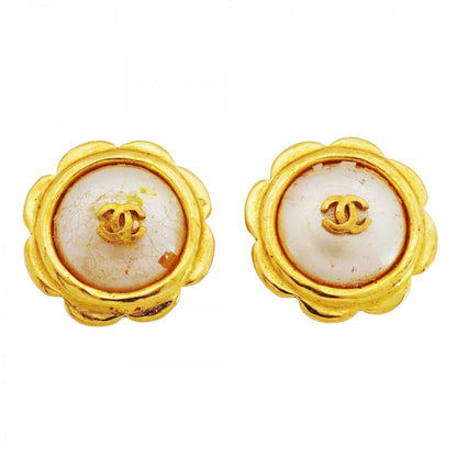Chanel Earrings Vintage CC Logo Flower Motif Gold Plated Faux Pearl