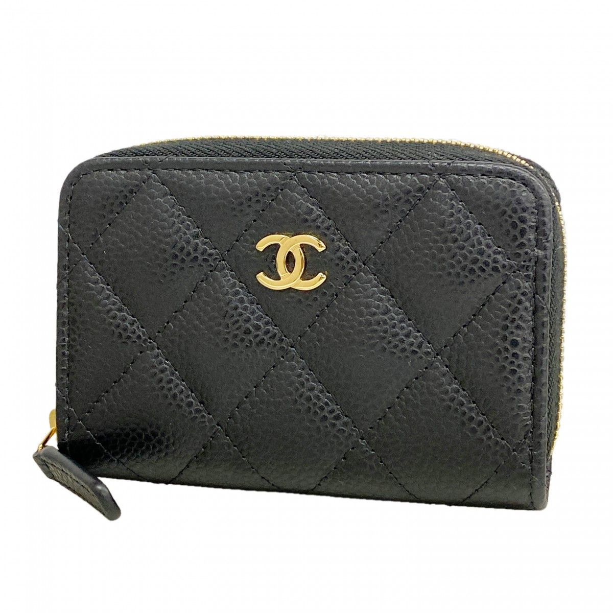 Chanel Trifold Wallet Quilted Caviar Leather Black Gold