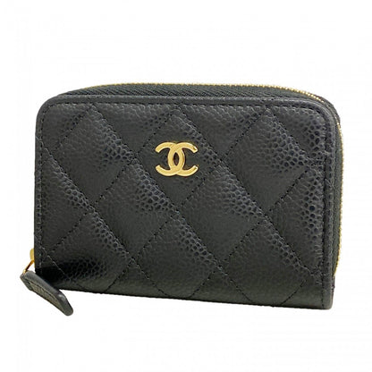 Chanel Trifold Wallet Quilted Caviar Leather Black Gold