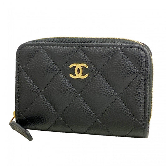 Chanel Trifold Wallet Quilted Caviar Leather Black Gold