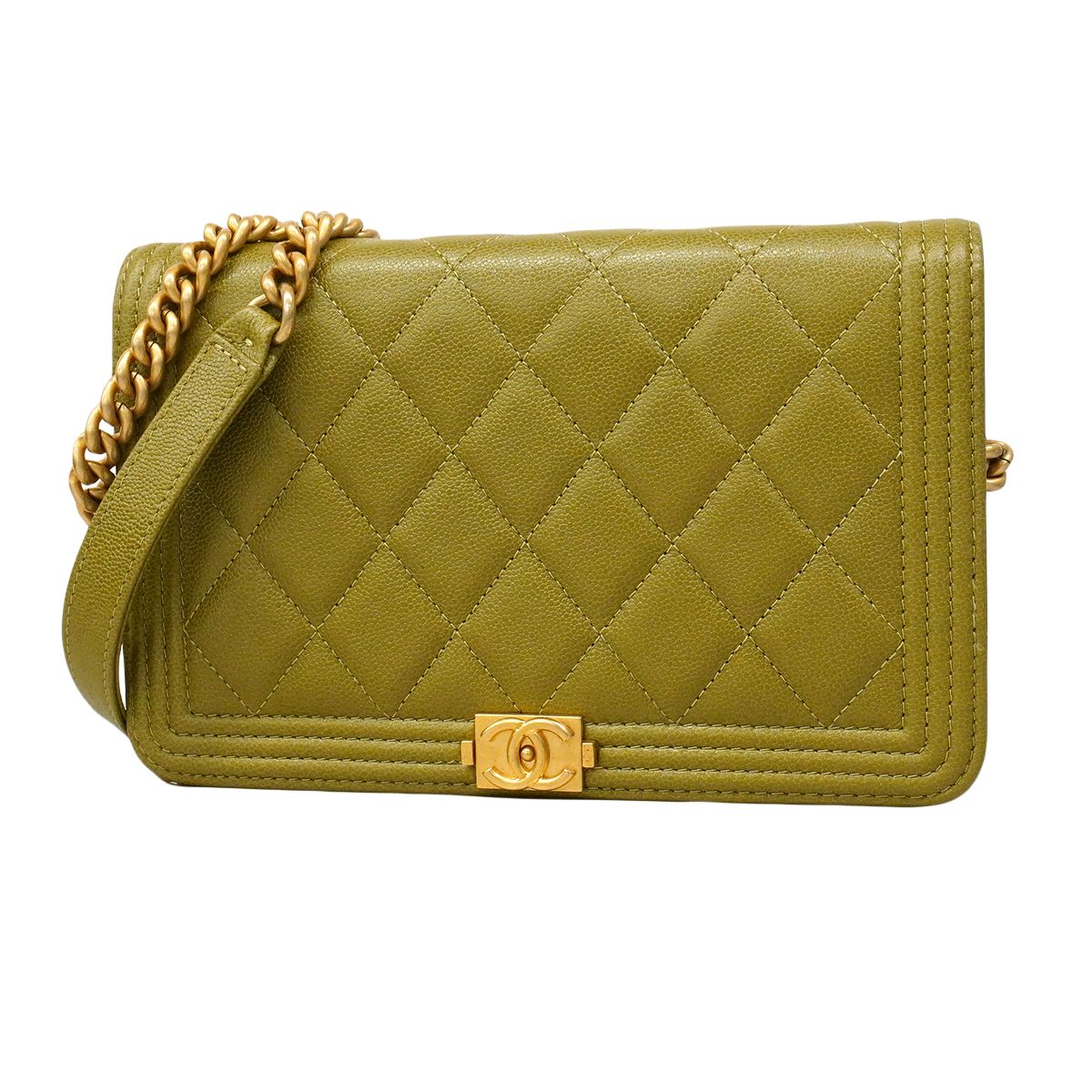 Chanel Shoulder Wallet Boy Caviar Leather Khaki Gold