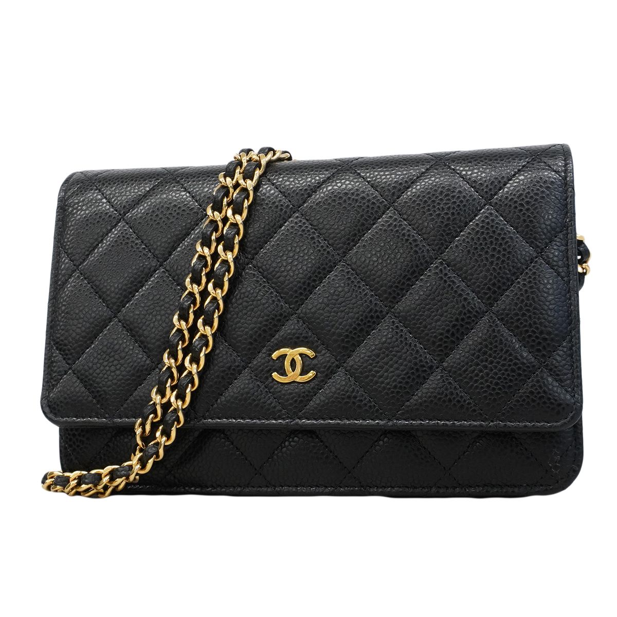 Chanel Shoulder Wallet Quilted Caviar Leather Black Gold