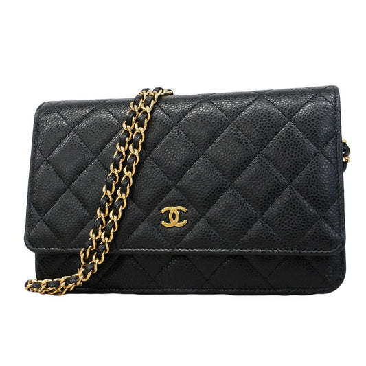 Chanel Shoulder Wallet Quilted Caviar Leather Black Gold