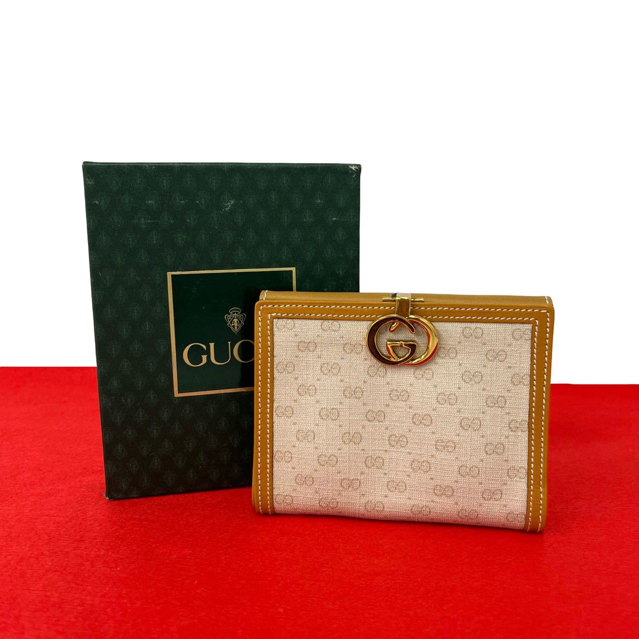 Gucci Vintage Micro GG Logo Leather Bifold Wallet Camel Ivory