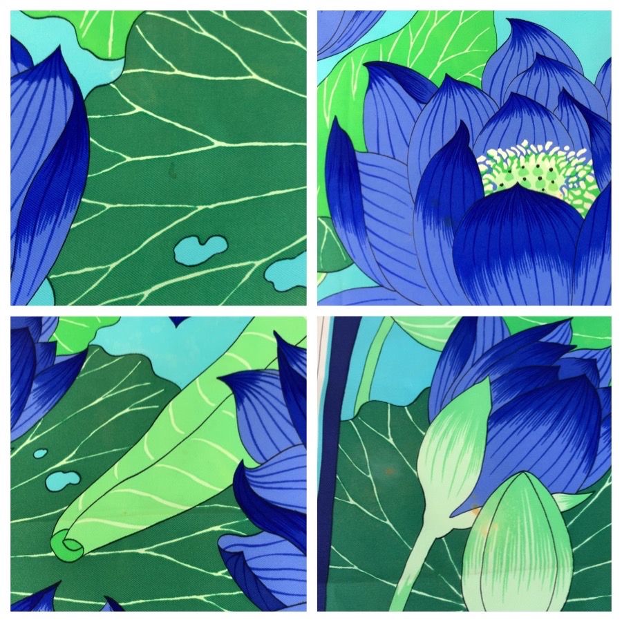 Hermes Fleurs de Lotus Carre 90 Blue Silk Scarf — view 4