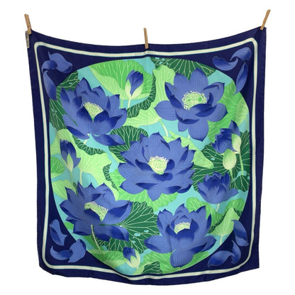 Hermes Fleurs de Lotus Carre 90 Blue Silk Scarf — view 2