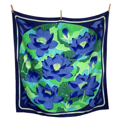 Hermes Fleurs de Lotus Carre 90 Blue Silk Scarf