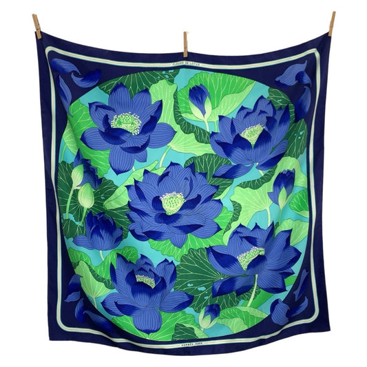 Hermes Fleurs de Lotus Carre 90 Blue Silk Scarf