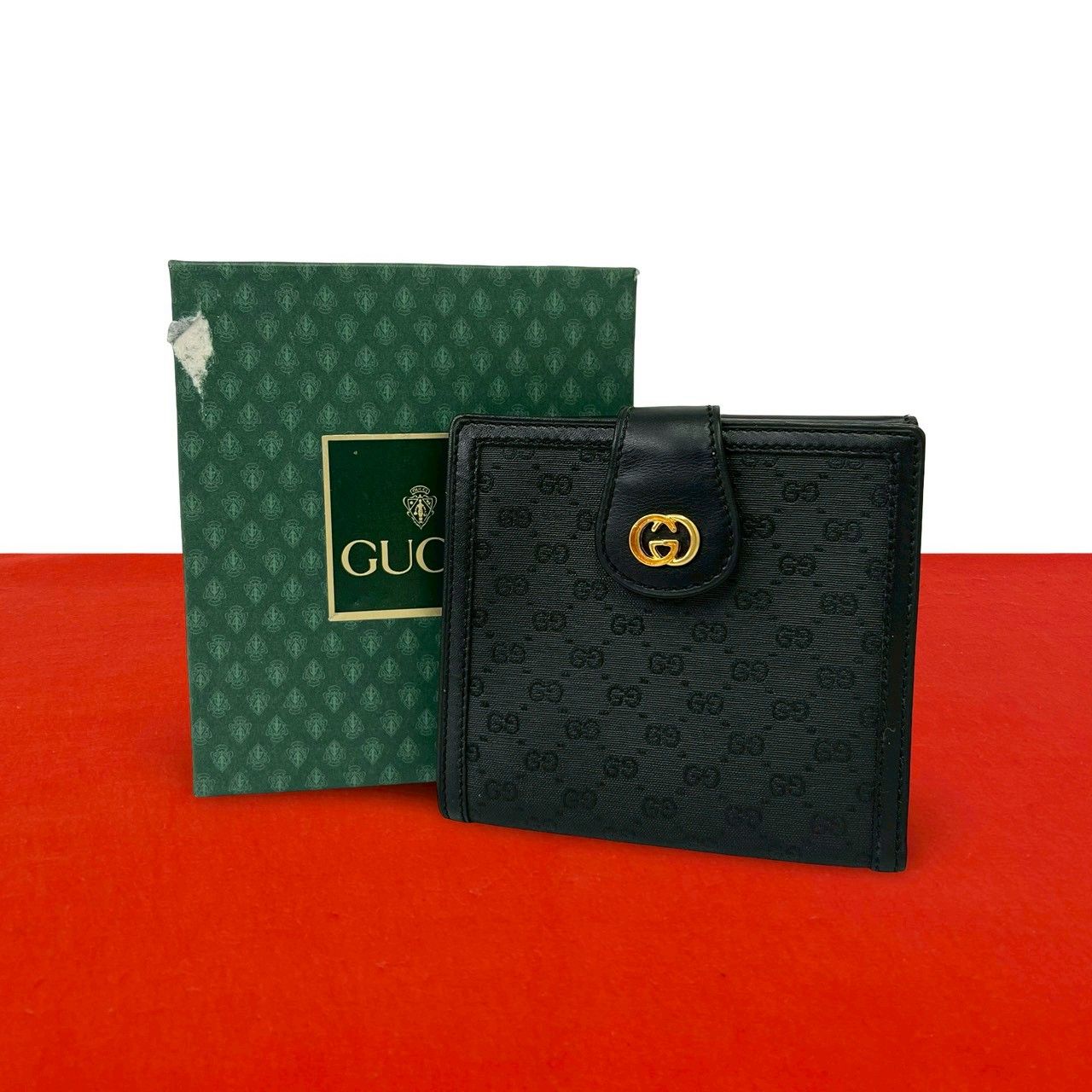 Gucci Vintage Micro GG Logo Leather Bifold Wallet Mini Black