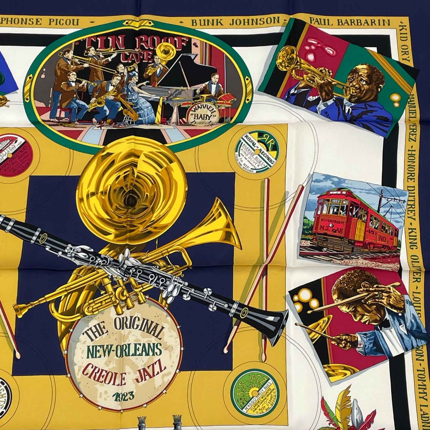 Hermes Scarf Carre 90 Silk the Original New Orleans Creole Jazz New Navy White — view 3