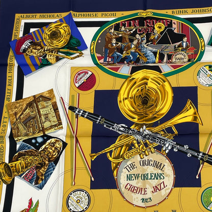Hermes Scarf Carre 90 Silk the Original New Orleans Creole Jazz New Navy White — view 2