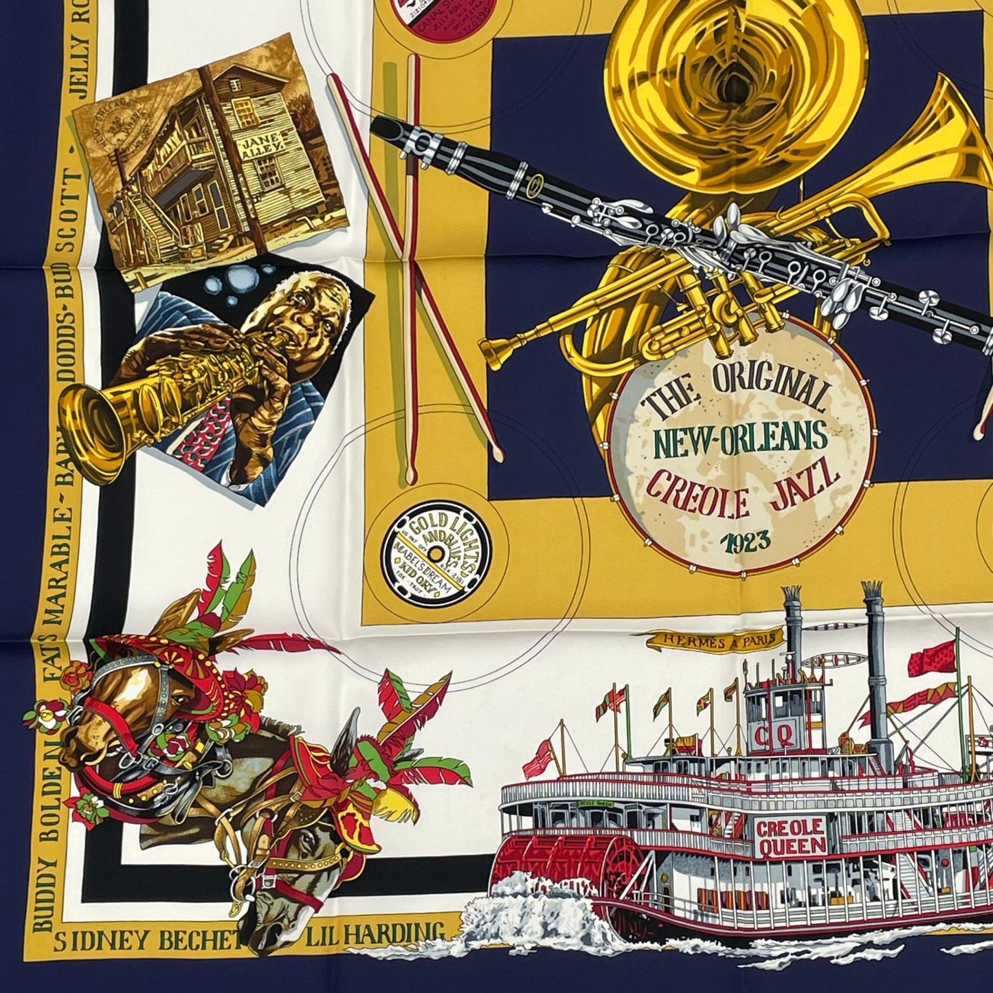 Hermes Scarf Carre 90 Silk the Original New Orleans Creole Jazz New Navy White — view 4