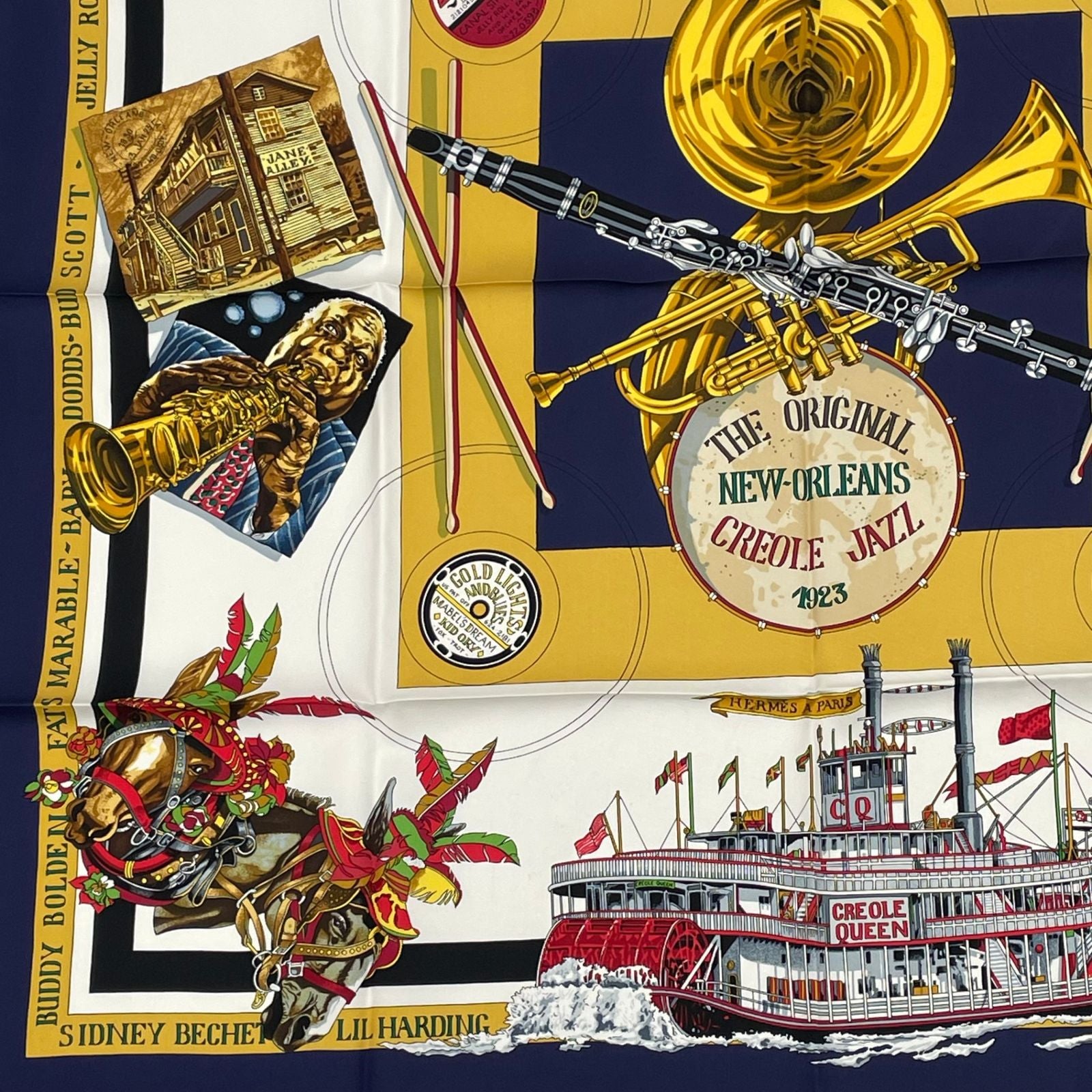 Hermes Scarf Carre 90 Silk the Original New Orleans Creole Jazz New Navy White — view 4