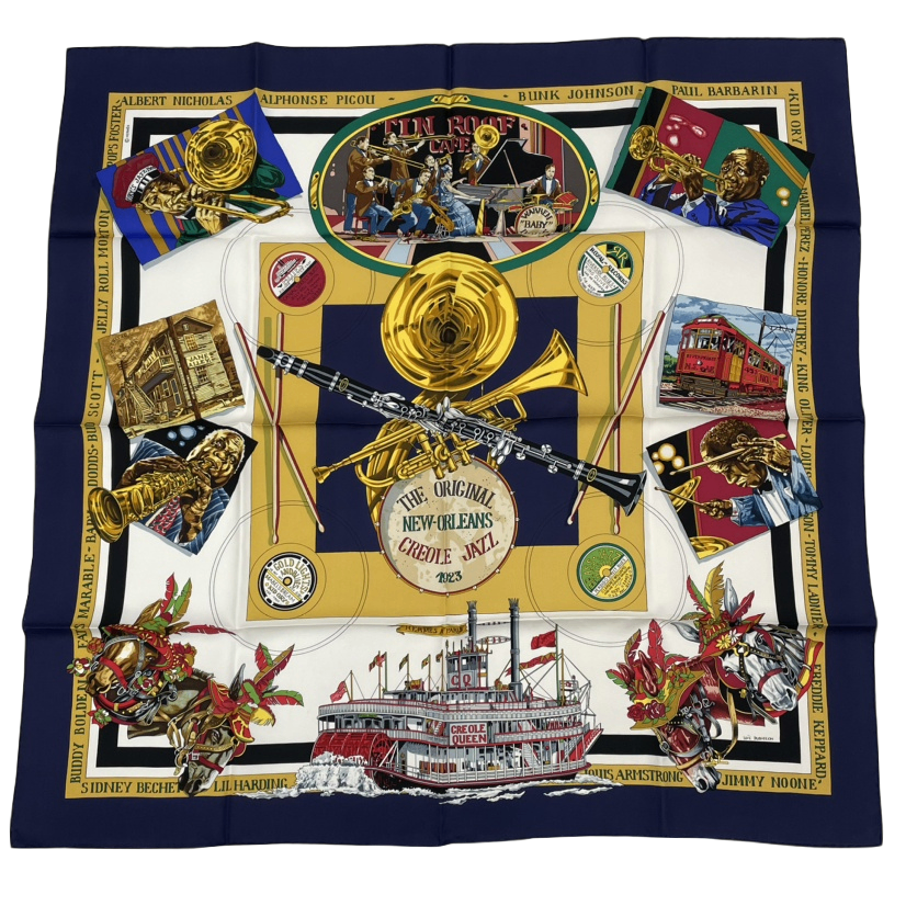 Hermes Scarf Carre 90 Silk the Original New Orleans Creole Jazz New Navy White