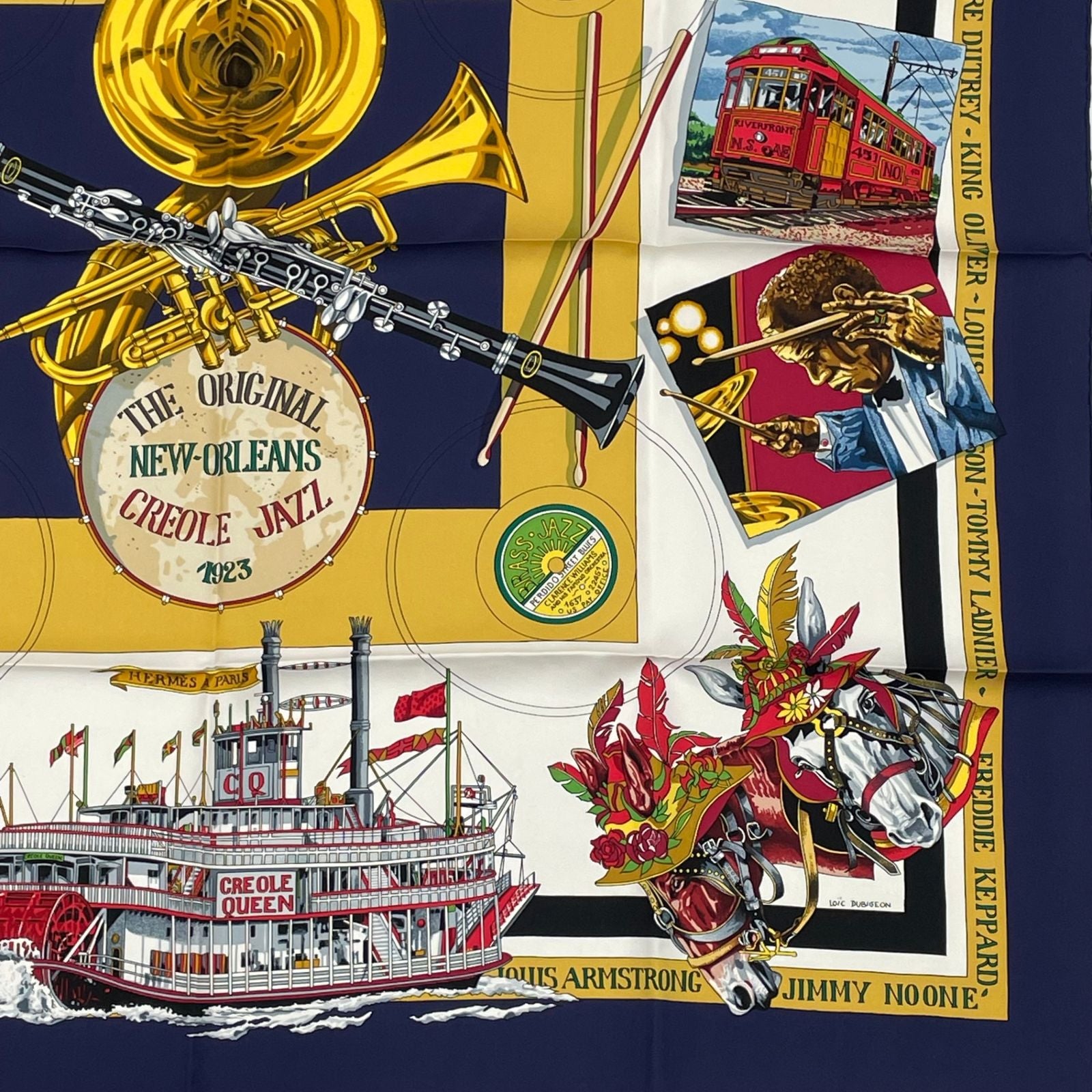 Hermes Scarf Carre 90 Silk the Original New Orleans Creole Jazz New Navy White — view 5
