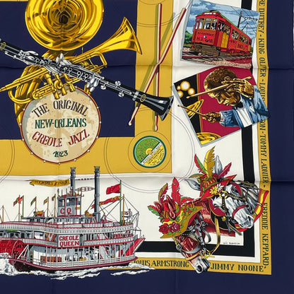 Hermes Scarf Carre 90 Silk the Original New Orleans Creole Jazz New Navy White — view 5