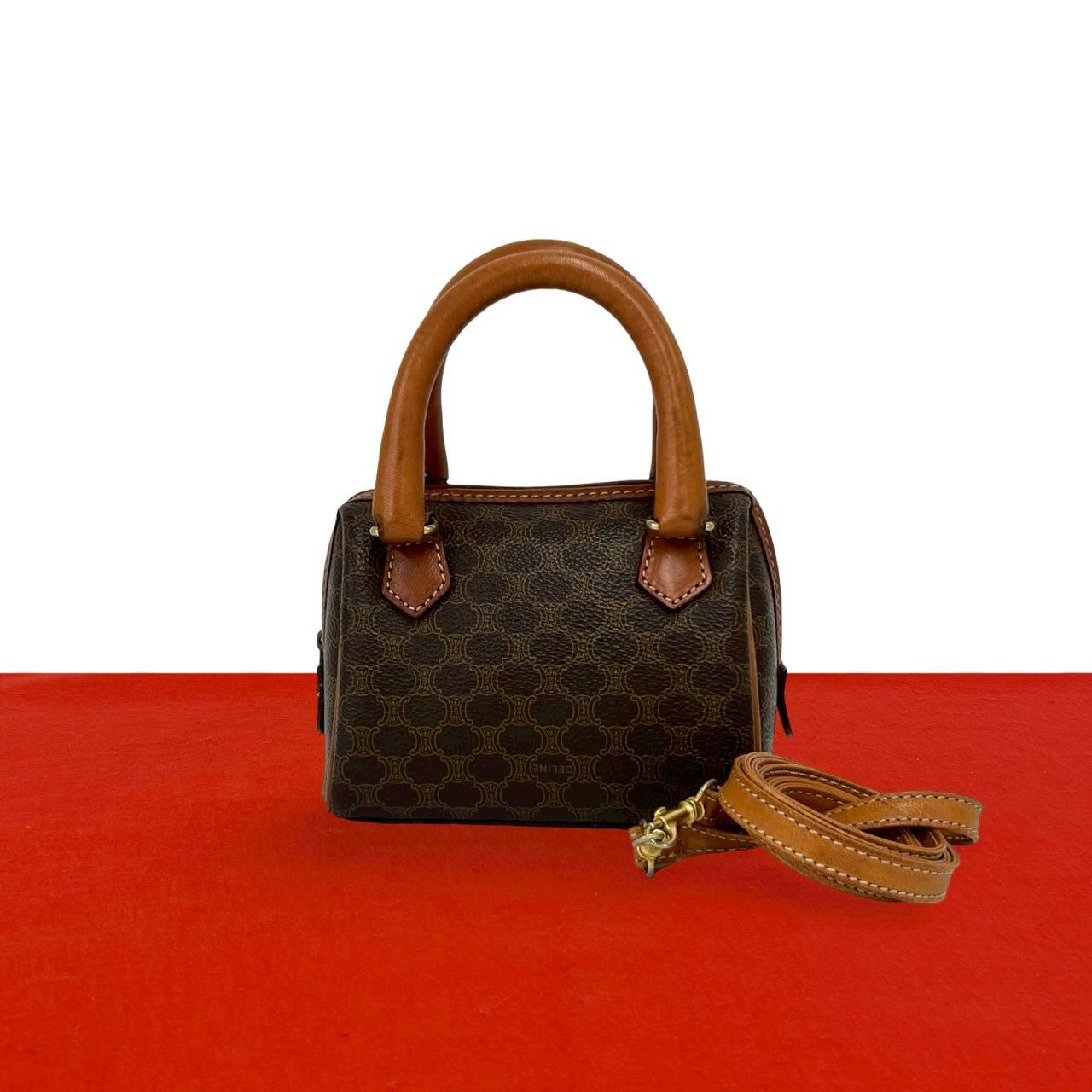 Celine Vintage Macadam Blason Pattern Leather 2-Way Mini Shoulder Bag Brown