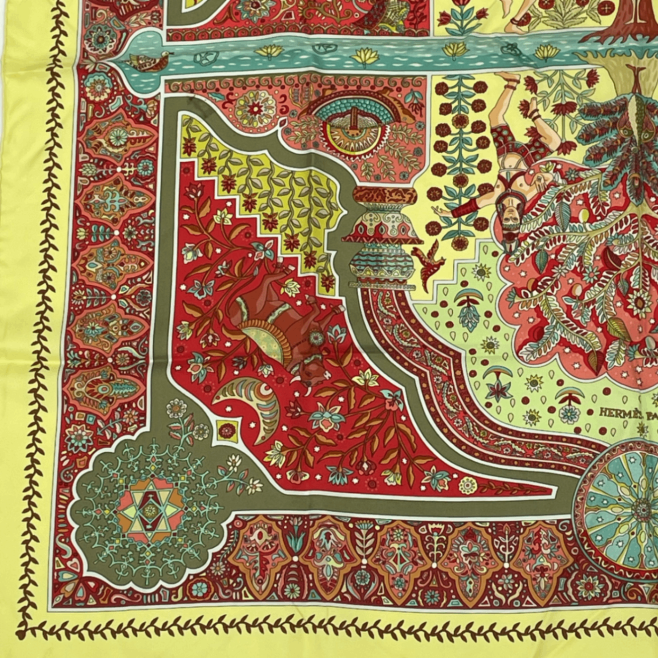Hermes Carre 90 Silk Scarf Aux Portes du Palais Royal Palace Door Green — view 3