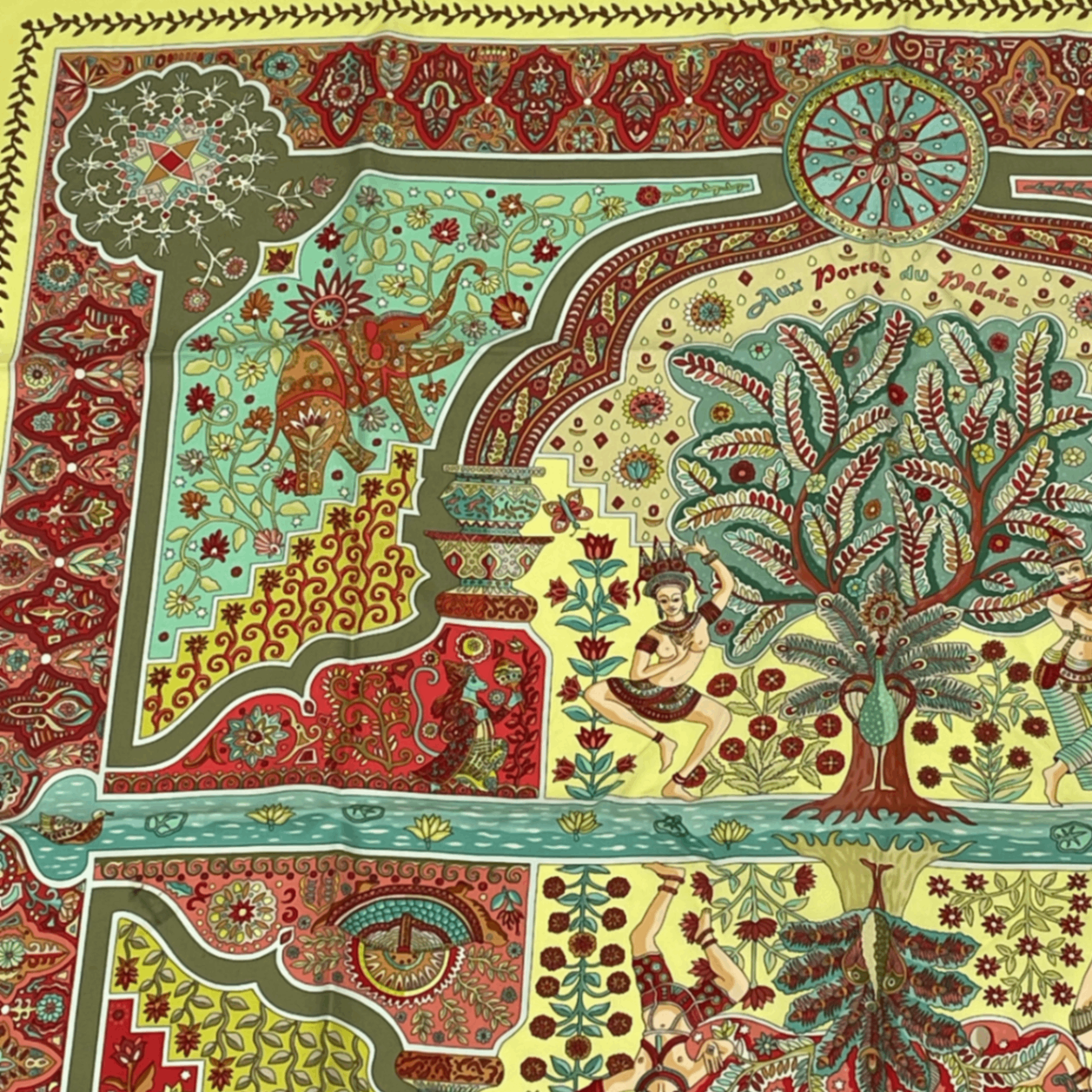 Hermes Carre 90 Silk Scarf Aux Portes du Palais Royal Palace Door Green — view 5