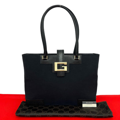 Gucci Logo Canvas Leather Tote Shoulder Bag Black