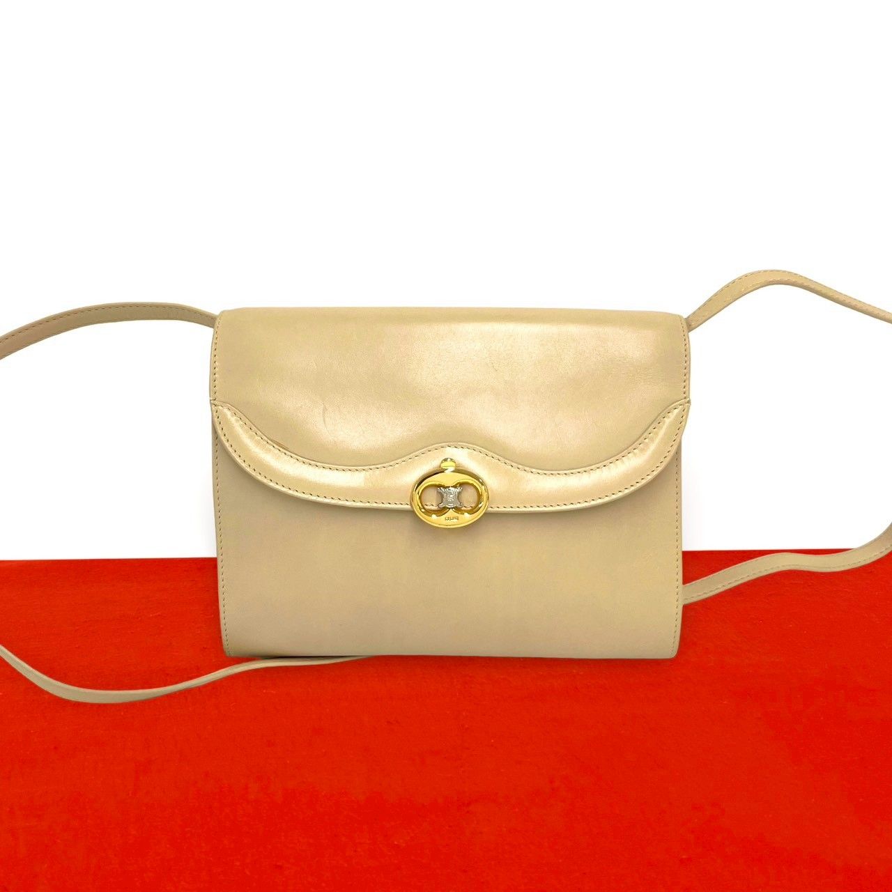 Celine Vintage Triomphe Logo Calf Leather Shoulder Bag Pochette Crossbody Beige