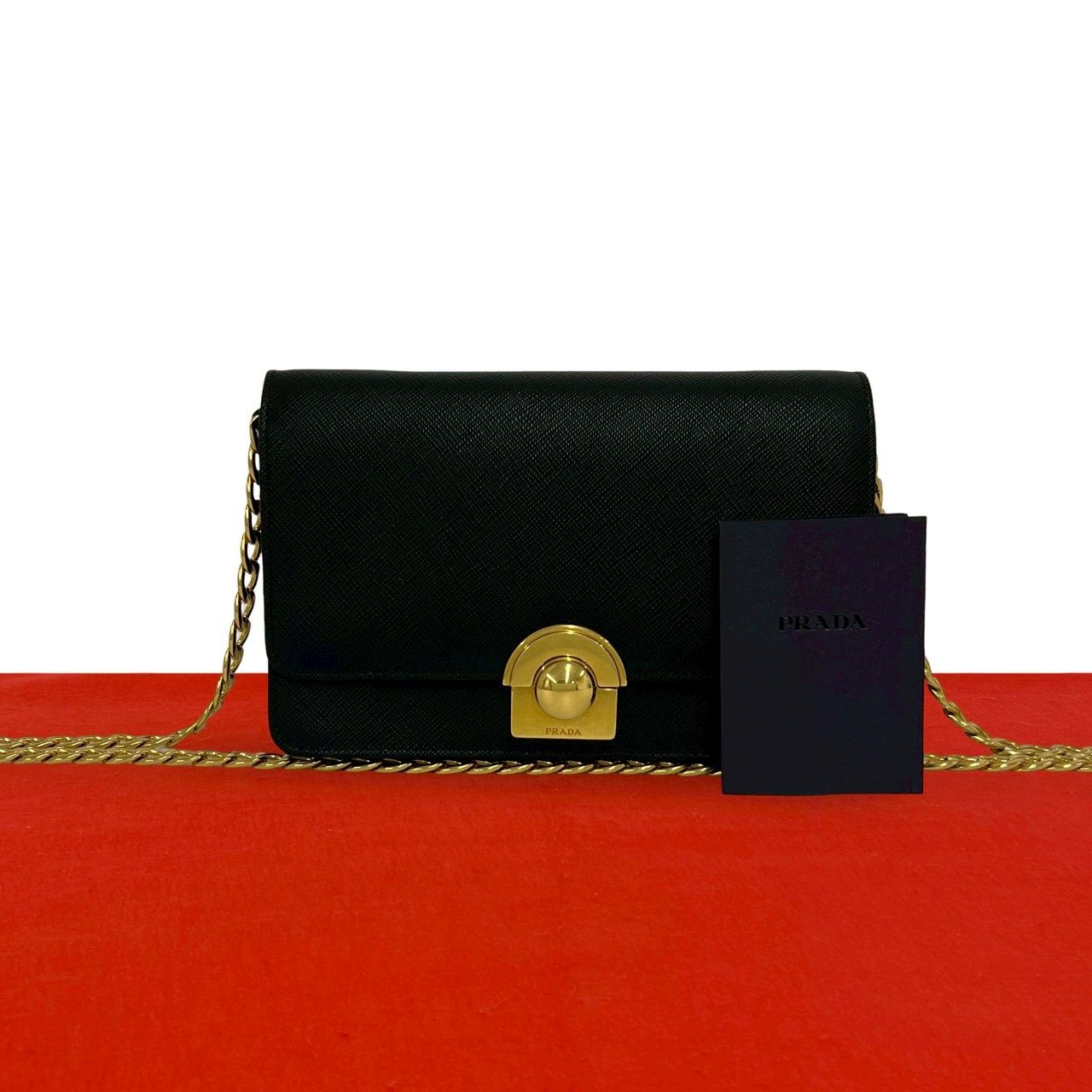 Prada Logo Saffiano Leather Chain Mini Shoulder Bag Pochette Black