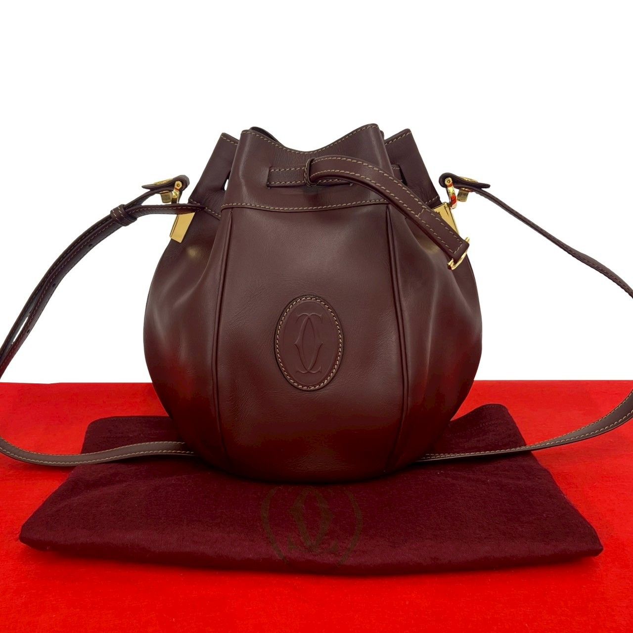 Cartier Vintage Must Line Leather Drawstring Shoulder Bag Pochette Bordeaux