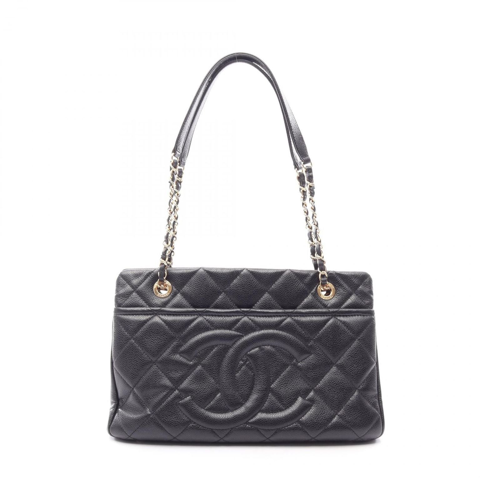 Chanel Tote Quilted Black Caviar Leather CC Logo Chain