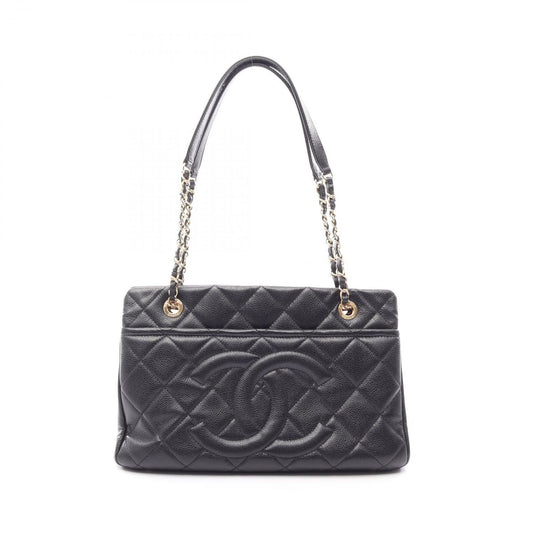Chanel Tote Quilted Black Caviar Leather CC Logo Chain